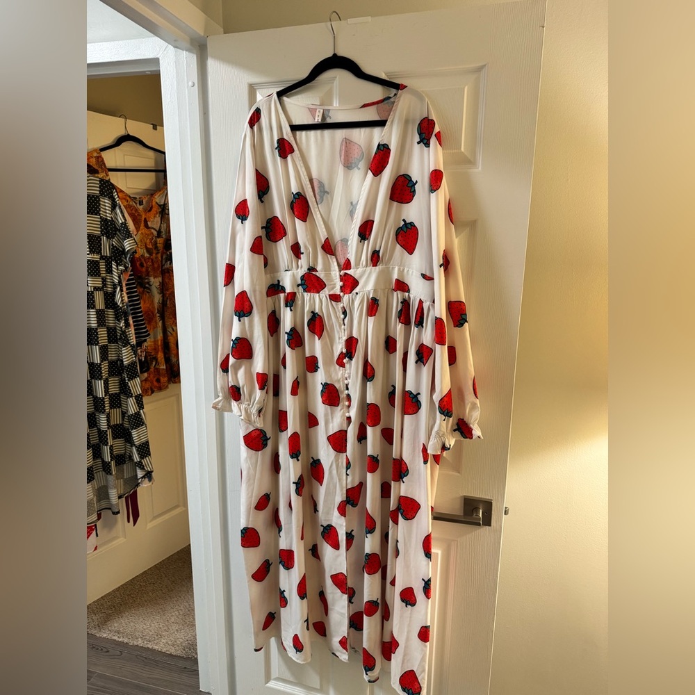 Rosegal White Long Sleeve Maxi Dress with Red Strawberry Print